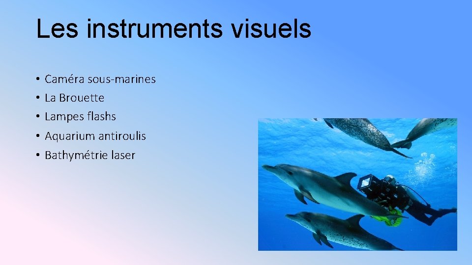 Les instruments visuels • Caméra sous-marines • La Brouette • Lampes flashs • Aquarium