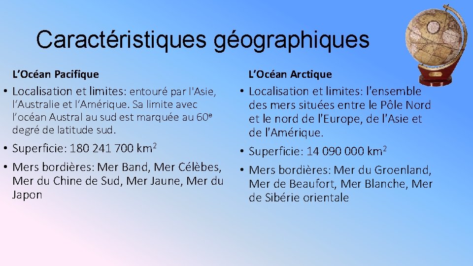 Caractéristiques géographiques L’Océan Pacifique • Localisation et limites: entouré par l'Asie, l‘Australie et l‘Amérique.