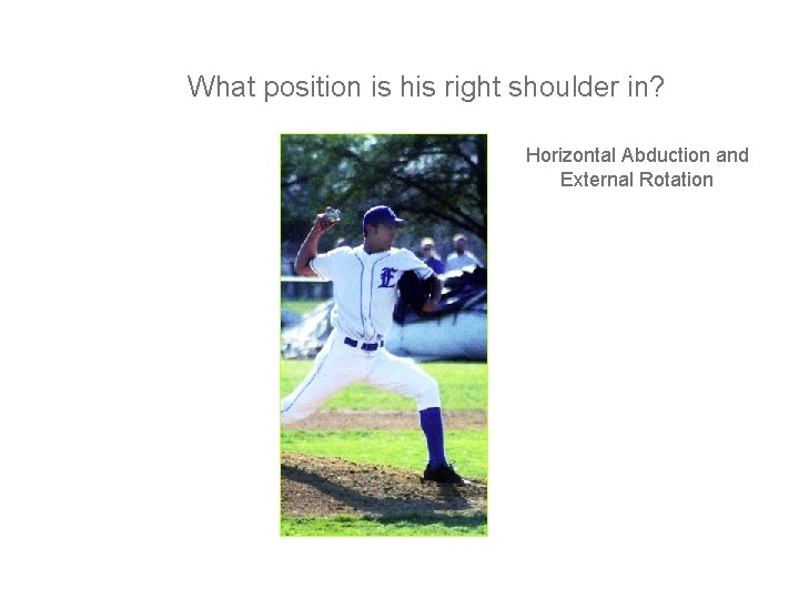 What position is his right shoulder in? Horizontal Abduction and External Rotation 