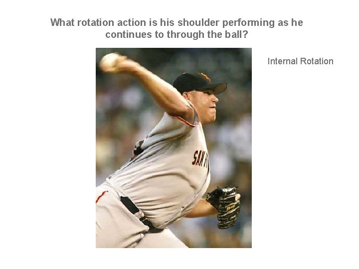 What rotation action is his shoulder performing as he continues to through the ball?