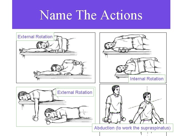 Name The Actions External Rotation Internal Rotation External Rotation Abduction (to work the supraspinatus)