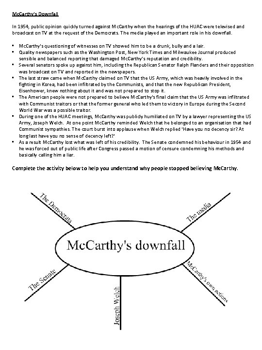 Mc. Carthy's Downfall In 1954, public opinion quickly turned against Mc. Carthy when the
