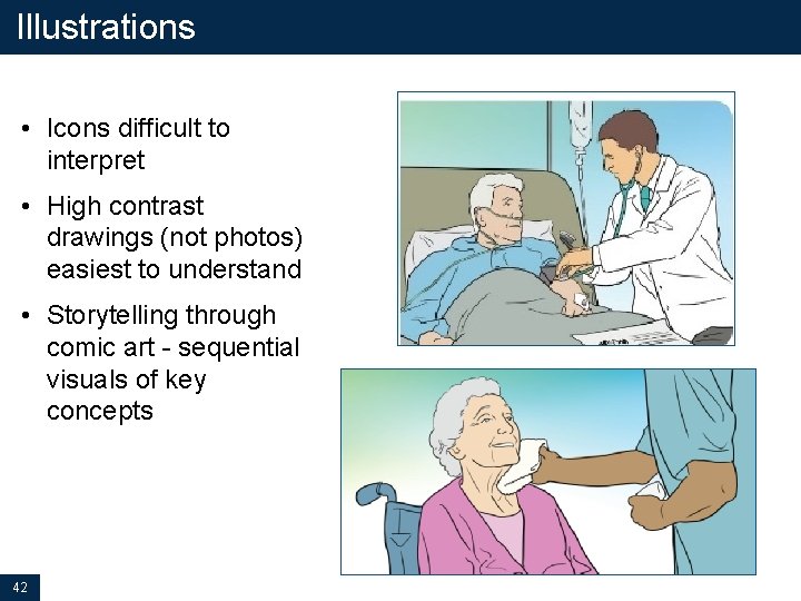 Illustrations • Icons difficult to interpret • High contrast drawings (not photos) easiest to Illustrations • Icons difficult to interpret • High contrast drawings (not photos) easiest to