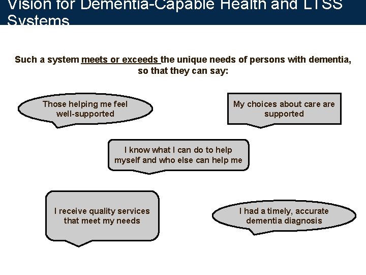 Vision for Dementia-Capable Health and LTSS Systems Such a system meets or exceeds the Vision for Dementia-Capable Health and LTSS Systems Such a system meets or exceeds the