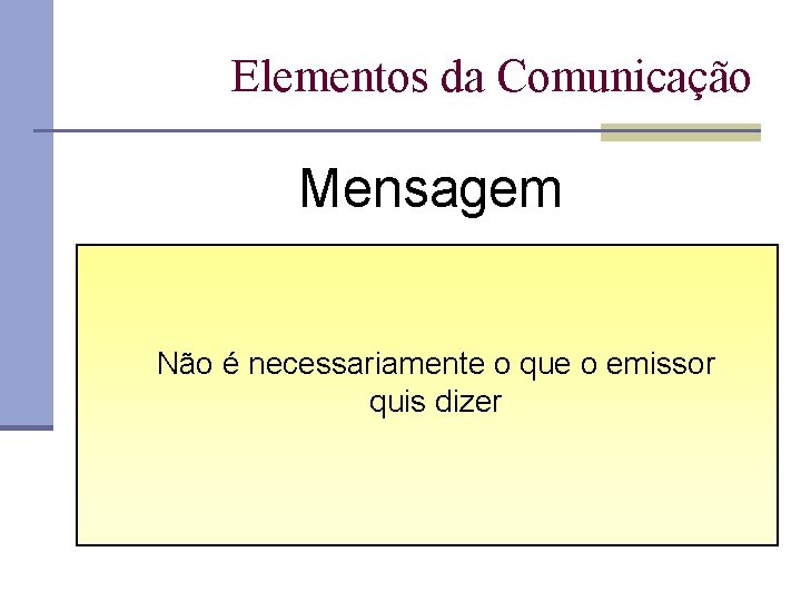 Elementos da Comunicação Mensagem Não é necessariamente o que o emissor quis dizer 