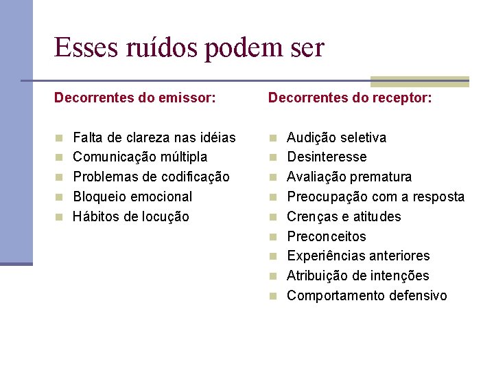 Esses ruídos podem ser Decorrentes do emissor: Decorrentes do receptor: n Falta de clareza