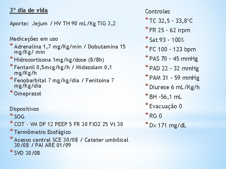 3º dia de vida Aporte: Jejum / HV TH 90 m. L/Kg TIG 3,