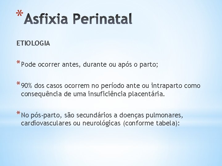 * ETIOLOGIA *Pode ocorrer antes, durante ou após o parto; *90% dos casos ocorrem