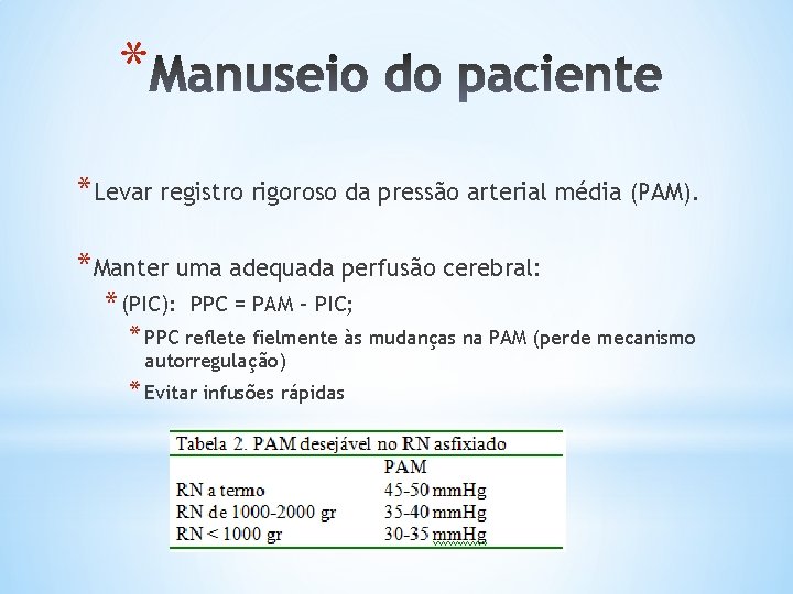 * *Levar registro rigoroso da pressão arterial média (PAM). *Manter uma adequada perfusão cerebral: