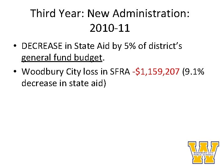 Third Year: New Administration: 2010 -11 • DECREASE in State Aid by 5% of