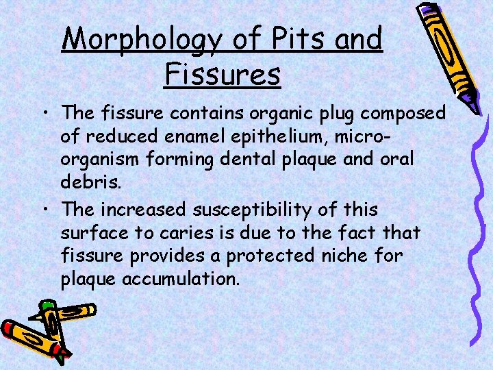 Morphology of Pits and Fissures • The fissure contains organic plug composed of reduced