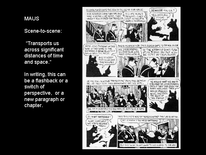 MAUS Scene-to-scene: “Transports us across significant distances of time and space. “ In writing,