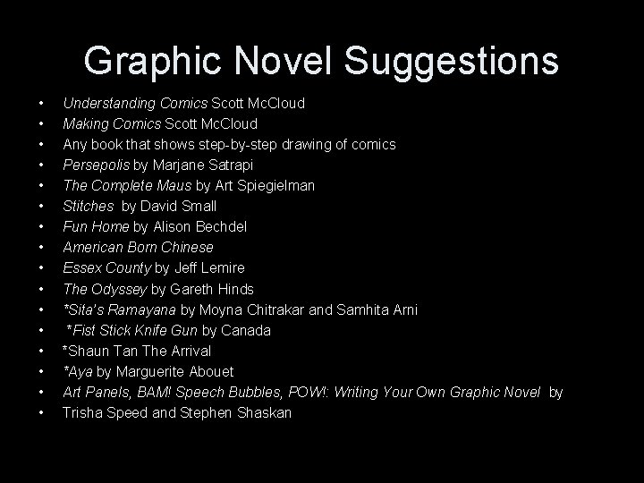 Graphic Novel Suggestions • • • • Understanding Comics Scott Mc. Cloud Making Comics