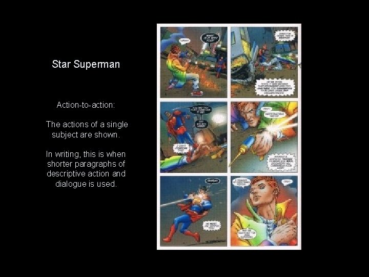 Star Superman Action-to-action: The actions of a single subject are shown. In writing, this