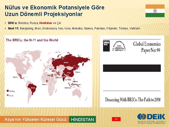 Nüfus ve Ekonomik Potansiyele Göre Uzun Dönemli Projeksiyonlar • BRICs: Brezilya, Rusya, Hindistan ve