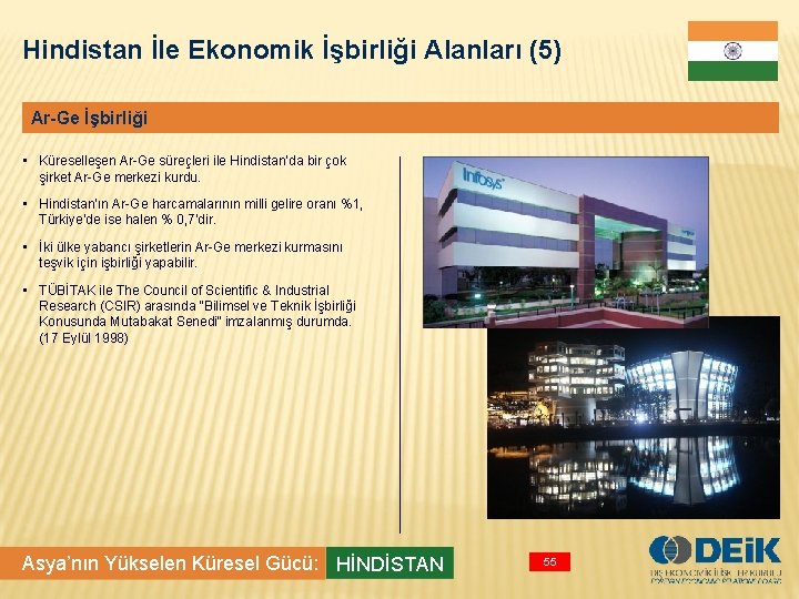 Hindistan İle Ekonomik İşbirliği Alanları (5) Ar-Ge İşbirliği • Küreselleşen Ar-Ge süreçleri ile Hindistan’da