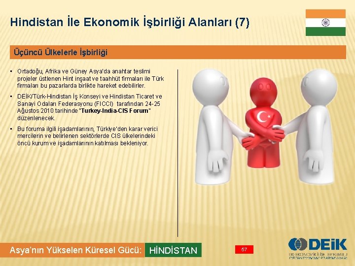 Hindistan İle Ekonomik İşbirliği Alanları (7) Üçüncü Ülkelerle İşbirliği • Ortadoğu, Afrika ve Güney