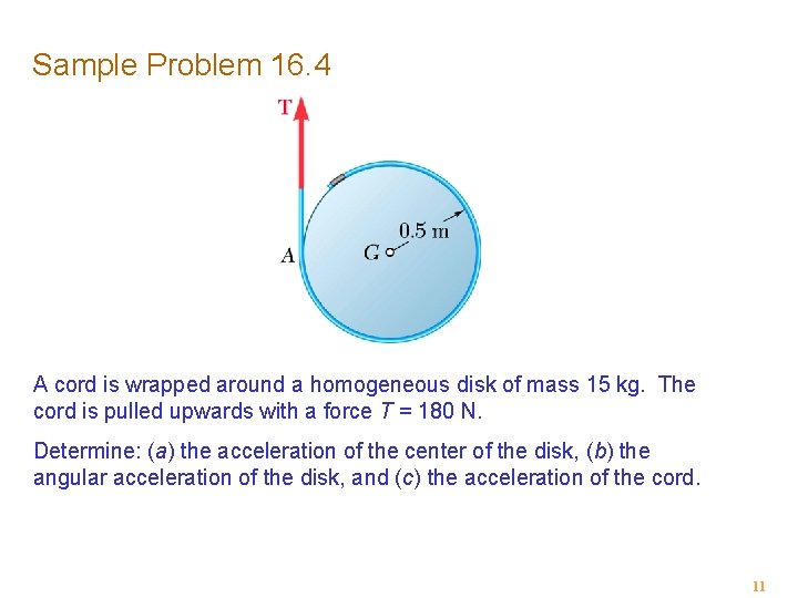 Sample Problem 16. 4 A cord is wrapped around a homogeneous disk of mass