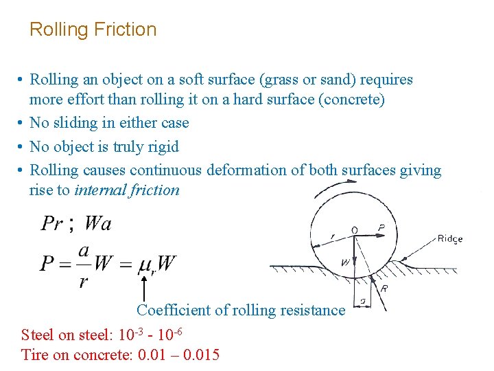 Rolling Friction • Rolling an object on a soft surface (grass or sand) requires