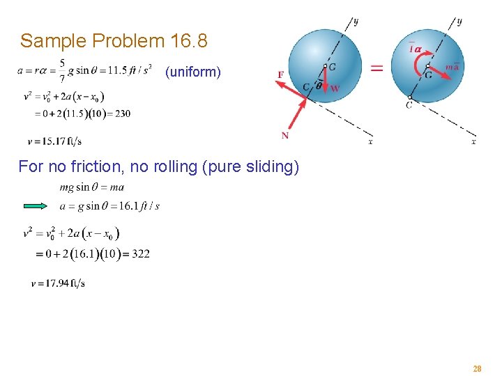 Sample Problem 16. 8 (uniform) For no friction, no rolling (pure sliding) 28 