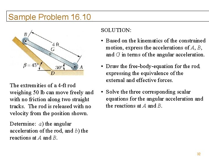 Sample Problem 16. 10 SOLUTION: • Based on the kinematics of the constrained motion,