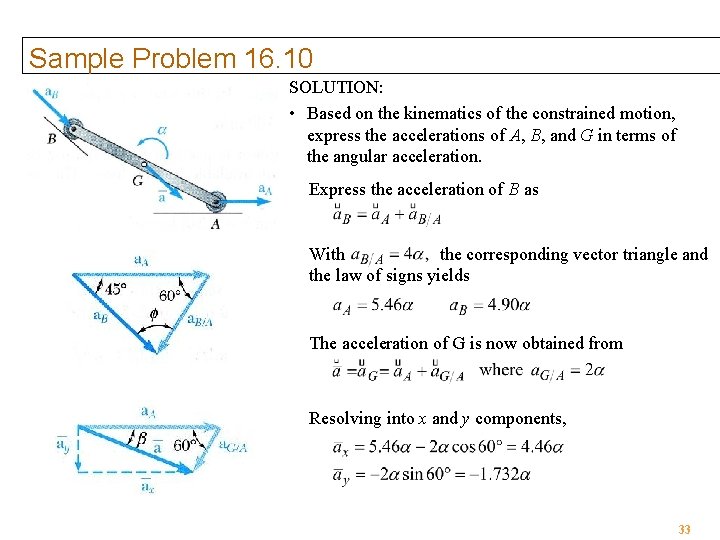 Sample Problem 16. 10 SOLUTION: • Based on the kinematics of the constrained motion,