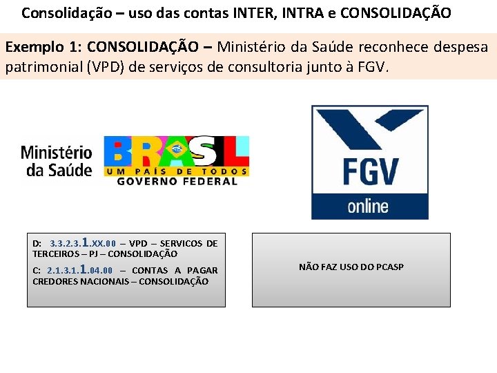 Consolidação – uso das contas INTER, INTRA e CONSOLIDAÇÃO Exemplo 1: CONSOLIDAÇÃO – Ministério Consolidação – uso das contas INTER, INTRA e CONSOLIDAÇÃO Exemplo 1: CONSOLIDAÇÃO – Ministério