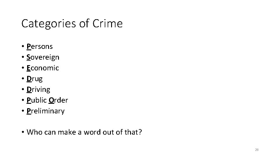 Categories of Crime • Persons • Sovereign • Economic • Drug • Driving • Categories of Crime • Persons • Sovereign • Economic • Drug • Driving •