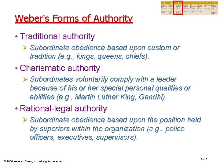 Weber’s Forms of Authority • Traditional authority Ø Subordinate obedience based upon custom or