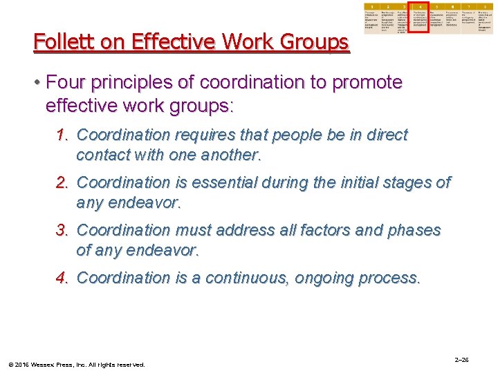Follett on Effective Work Groups • Four principles of coordination to promote effective work