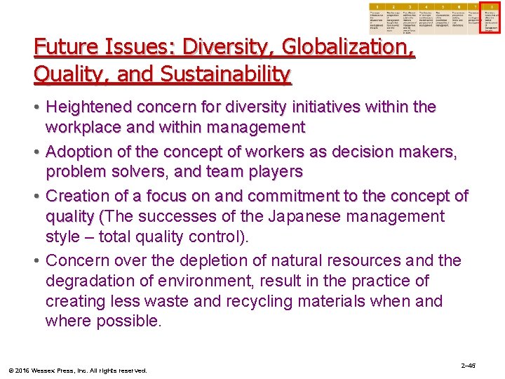 Future Issues: Diversity, Globalization, Quality, and Sustainability • Heightened concern for diversity initiatives within