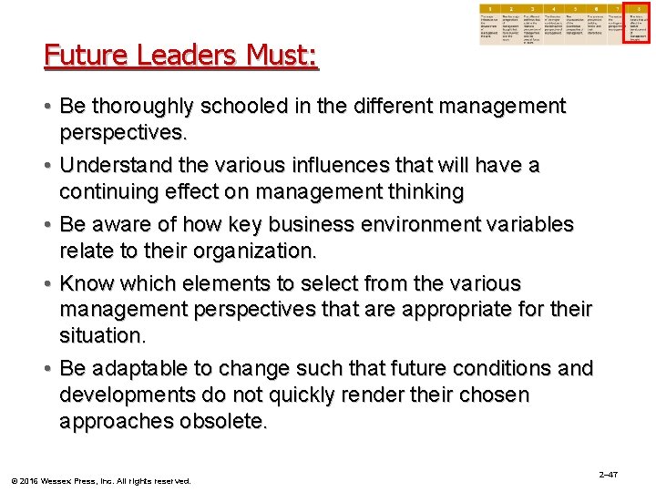 Future Leaders Must: • Be thoroughly schooled in the different management perspectives. • Understand