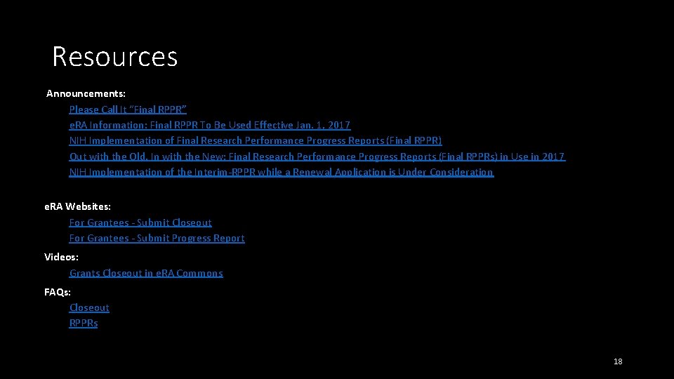 Resources Announcements: Please Call It “Final RPPR” e. RA Information: Final RPPR To Be