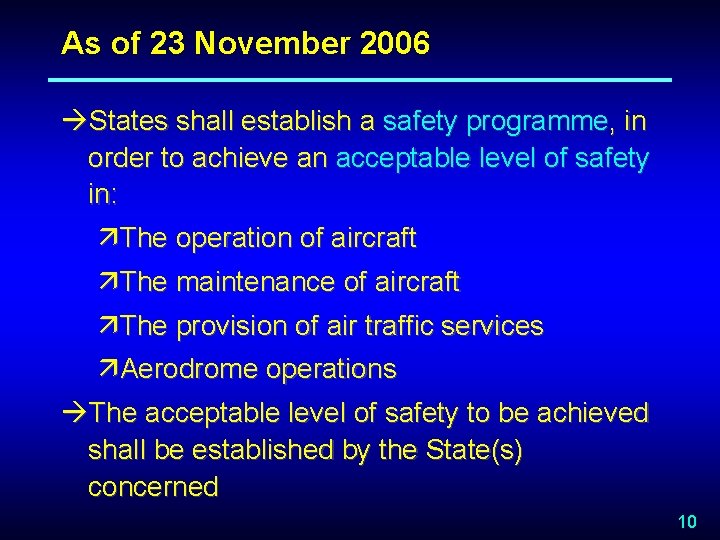 As of 23 November 2006 àStates shall establish a safety programme, in order to