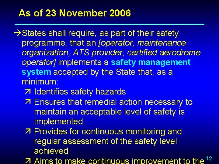 As of 23 November 2006 àStates shall require, as part of their safety programme,