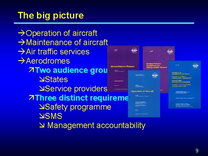 The big picture àOperation of aircraft àMaintenance of aircraft àAir traffic services àAerodromes äTwo
