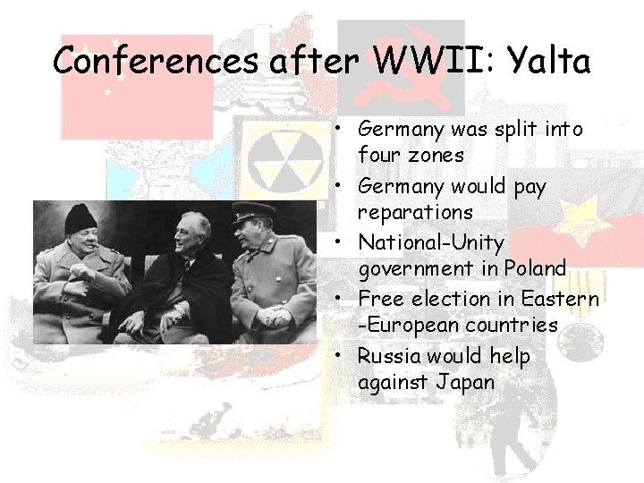 Conferences after WWII: Yalta • Germany was split into four zones • Germany would