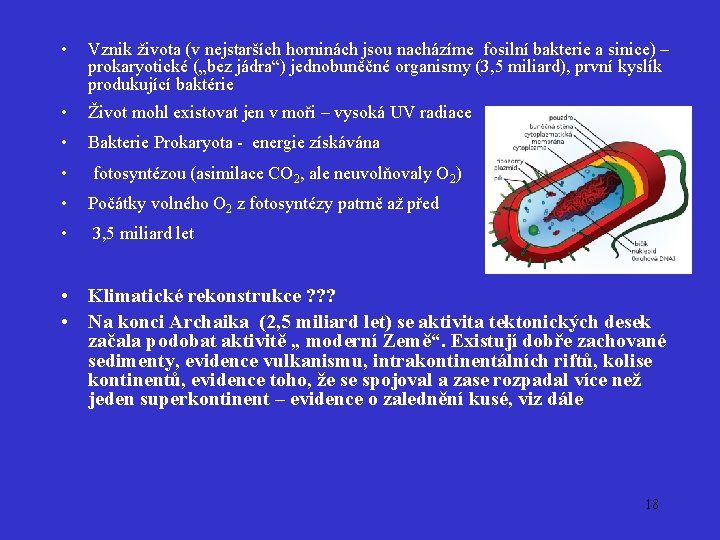  • Vznik života (v nejstarších horninách jsou nacházíme fosilní bakterie a sinice) –
