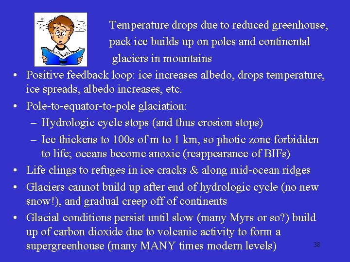  Temperature drops due to reduced greenhouse, pack ice builds up on poles and