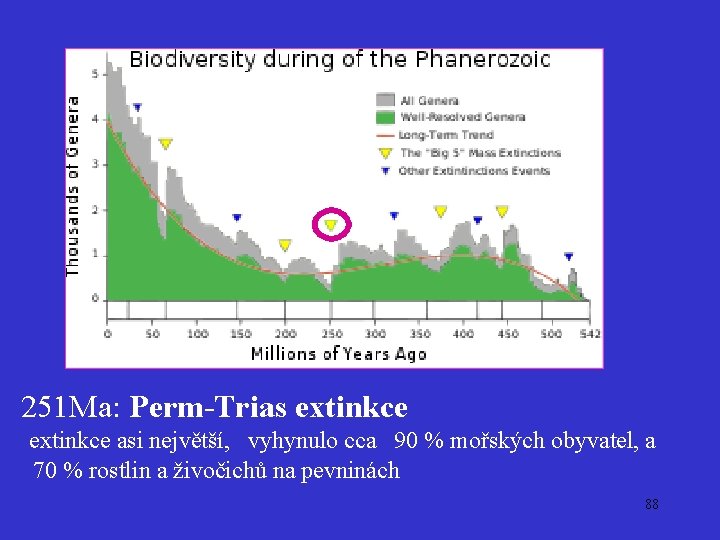 251 Ma: Perm-Trias extinkce asi největší, vyhynulo cca 90 % mořských obyvatel, a 70