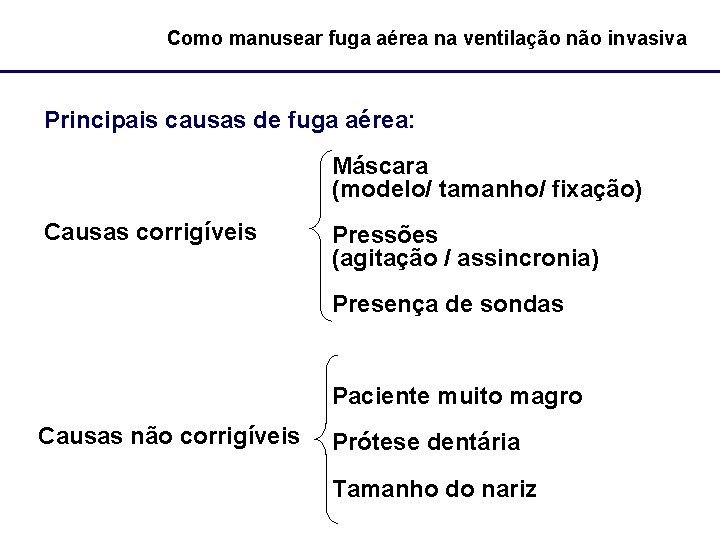 Como manusear fuga aérea na ventilação não invasiva Principais causas de fuga aérea: Máscara