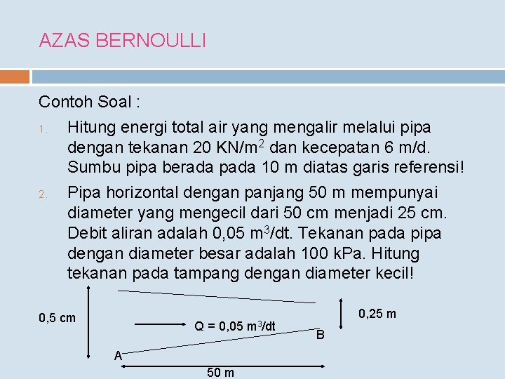 AZAS BERNOULLI Contoh Soal : 1. Hitung energi total air yang mengalir melalui pipa