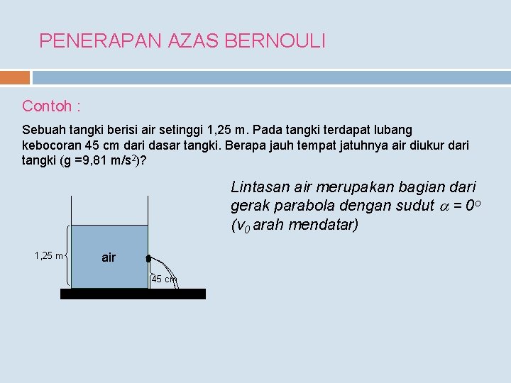 PENERAPAN AZAS BERNOULI Contoh : Sebuah tangki berisi air setinggi 1, 25 m. Pada