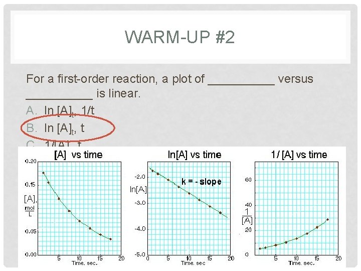 WARM-UP #2 For a first-order reaction, a plot of _____ versus _____ is linear.