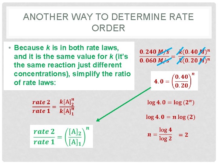 ANOTHER WAY TO DETERMINE RATE ORDER • Because k is in both rate laws,