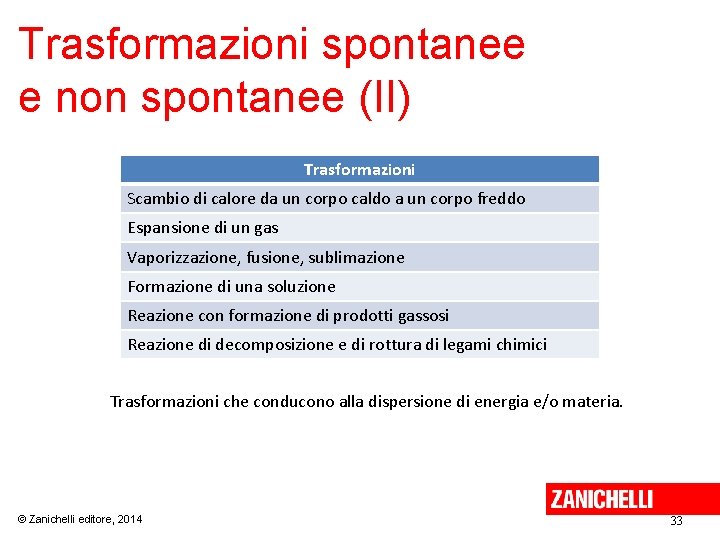 Trasformazioni spontanee e non spontanee (II) Trasformazioni Scambio di calore da un corpo caldo
