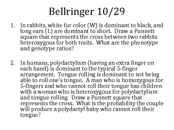 Bellringer 10/29 1. In rabbits, white fur color (W) is dominant to black, and