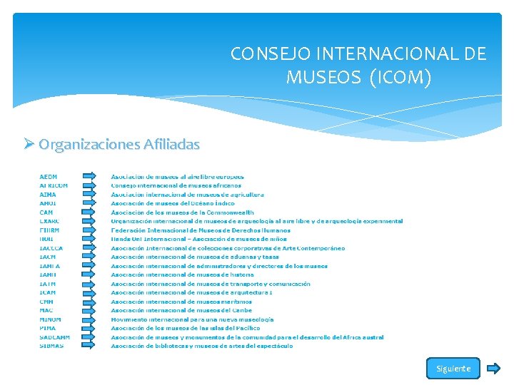 CONSEJO INTERNACIONAL DE MUSEOS (ICOM) Ø Organizaciones Afiliadas Siguiente 