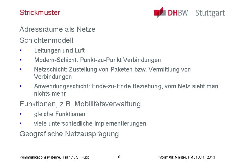 Strickmuster Adressräume als Netze Schichtenmodell • Leitungen und Luft • Modem-Schicht: Punkt-zu-Punkt Verbindungen •
