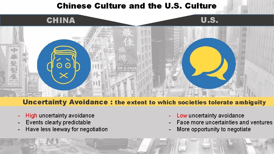 Chinese Culture and the U. S. Culture CHINA U. S. Uncertainty Avoidance : the